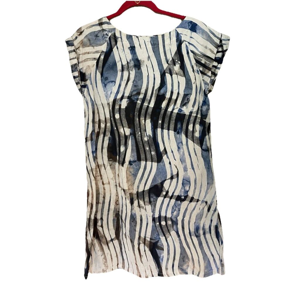 Osei Duro 100% Linen Wavy Tribal Resort Minimalist Mini Shift Dress S
